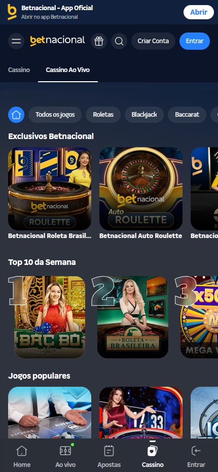 Betnacional Casino mobile lobby