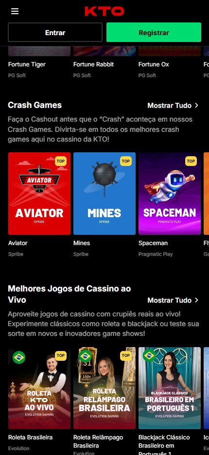 KTO Casino mobile lobby